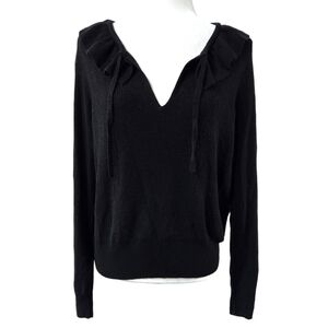 Madewell Merino Wool Blend Black Tie Neck Ruffle Pullover Sweater MA702
